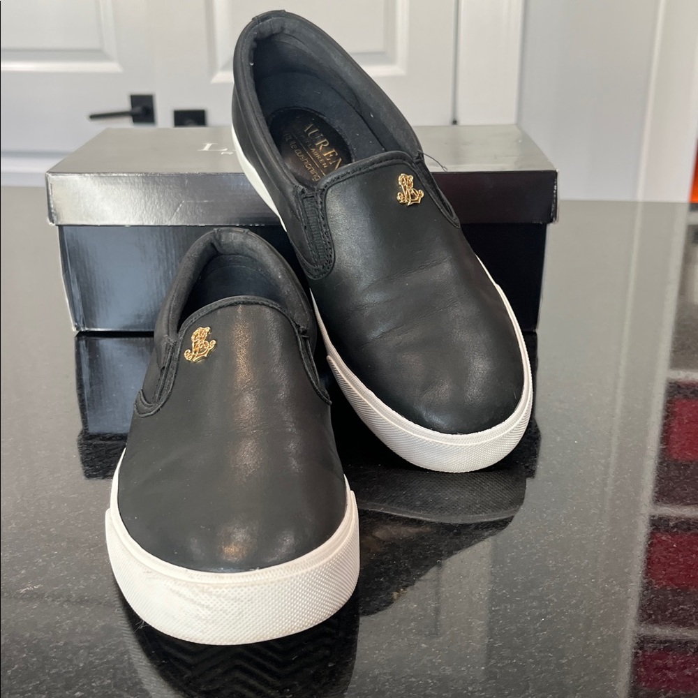 Ralph Lauren Black Leather Slip-On Sneaker Sz-6.5